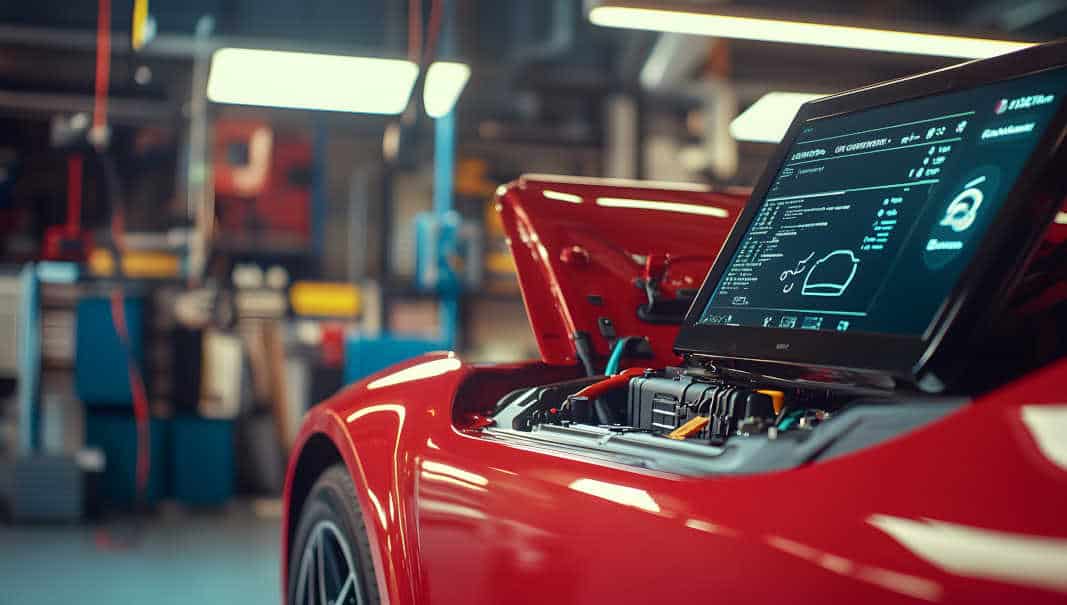 Advanced Car Diagnostics During a Tune-Up Service Close-up of a red car with a diagnostic screen displaying engine data during a professional tune-up service at Pulaski Automotive in Chicago.