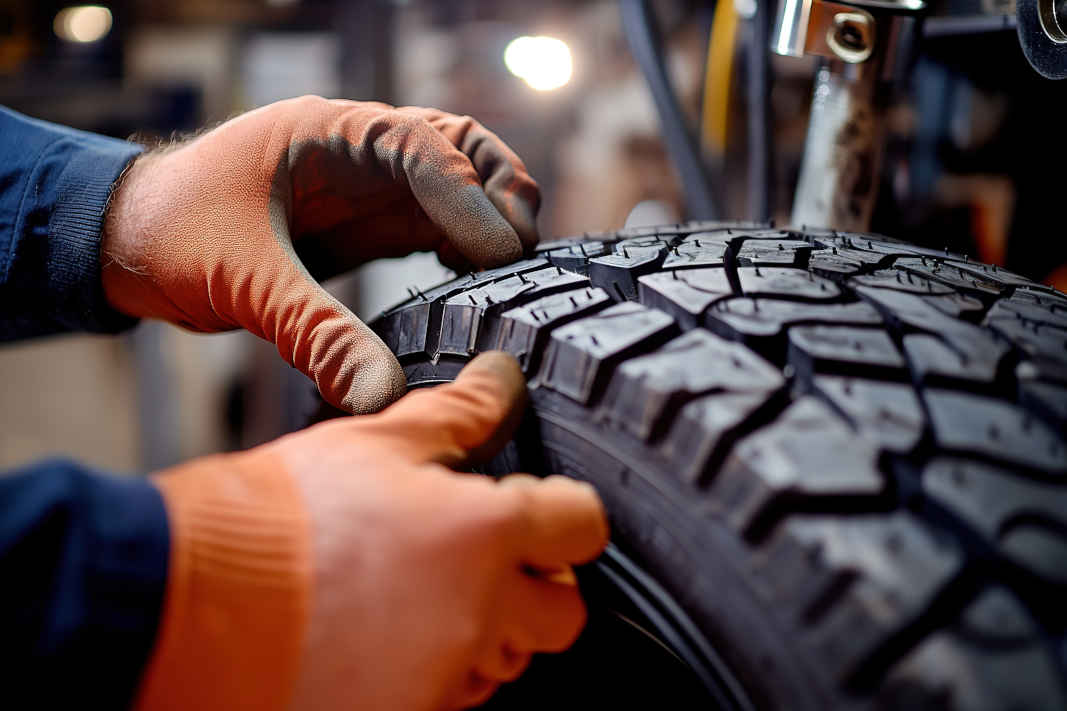 Tire Installation and Inspection Mechanic inspecting and installing a durable all-season tire during a professional tire service at Pulaski Automotive in Chicago.