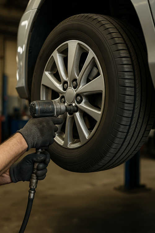 Mechanic Rotating Car Tire with Impact Wrench Close-up of a mechanic’s gloved hands using an impact wrench to tighten lug nuts on a car tire, with the vehicle lifted in an auto repair shop.