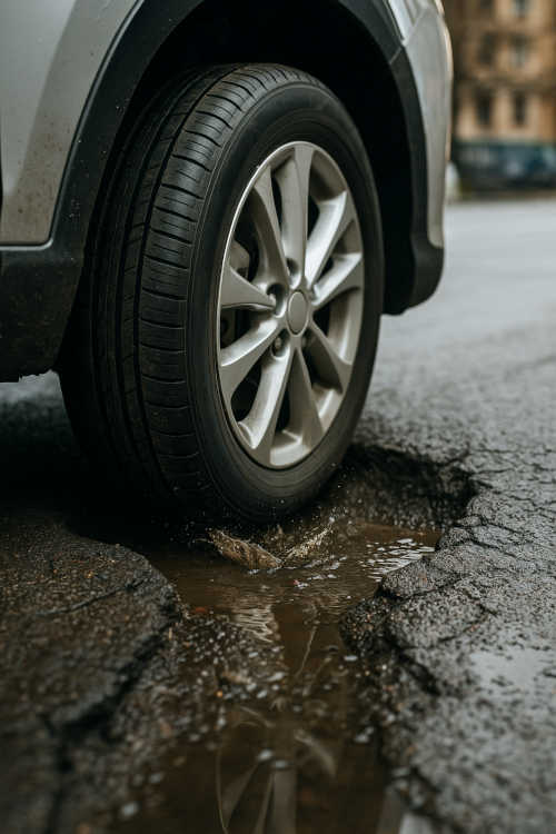 Pothole Damage in Chicago: Why Your Car Needs a Wheel Alignment A close-up of a front car tire striking a water-filled pothole on a cracked city street near West Lawn Chicago—an everyday hazard that can throw off wheel alignment and damage suspension.